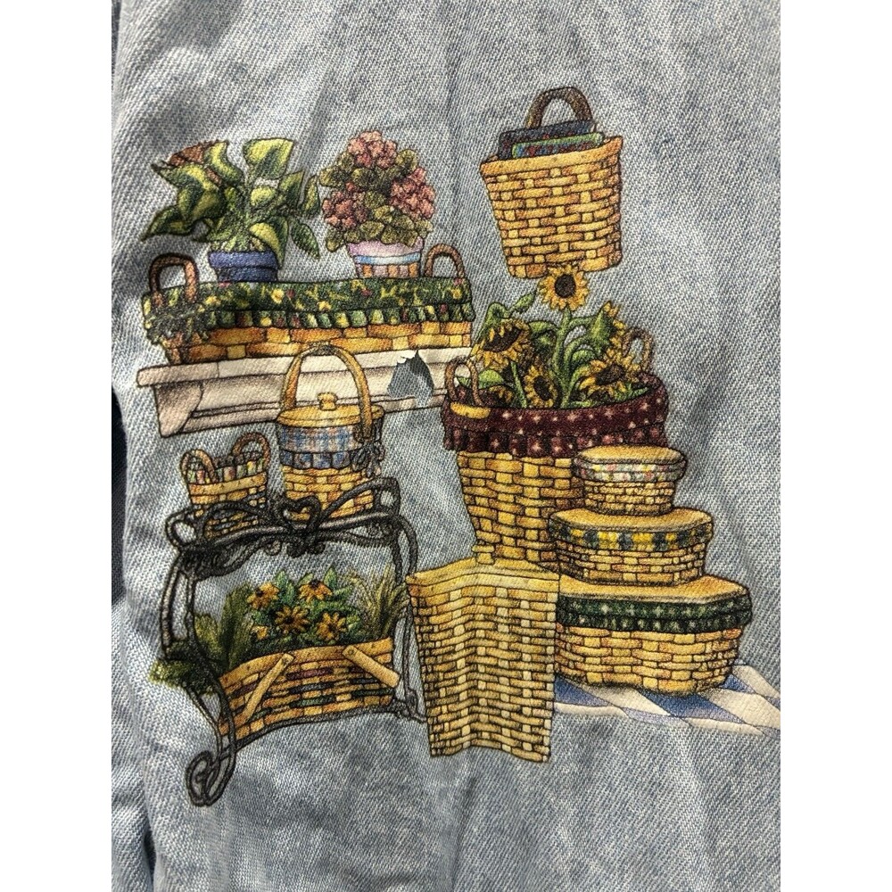 90s Real Good Denim Sport Shirt XL Made in Hong Kong Basket Embroidery Cottage